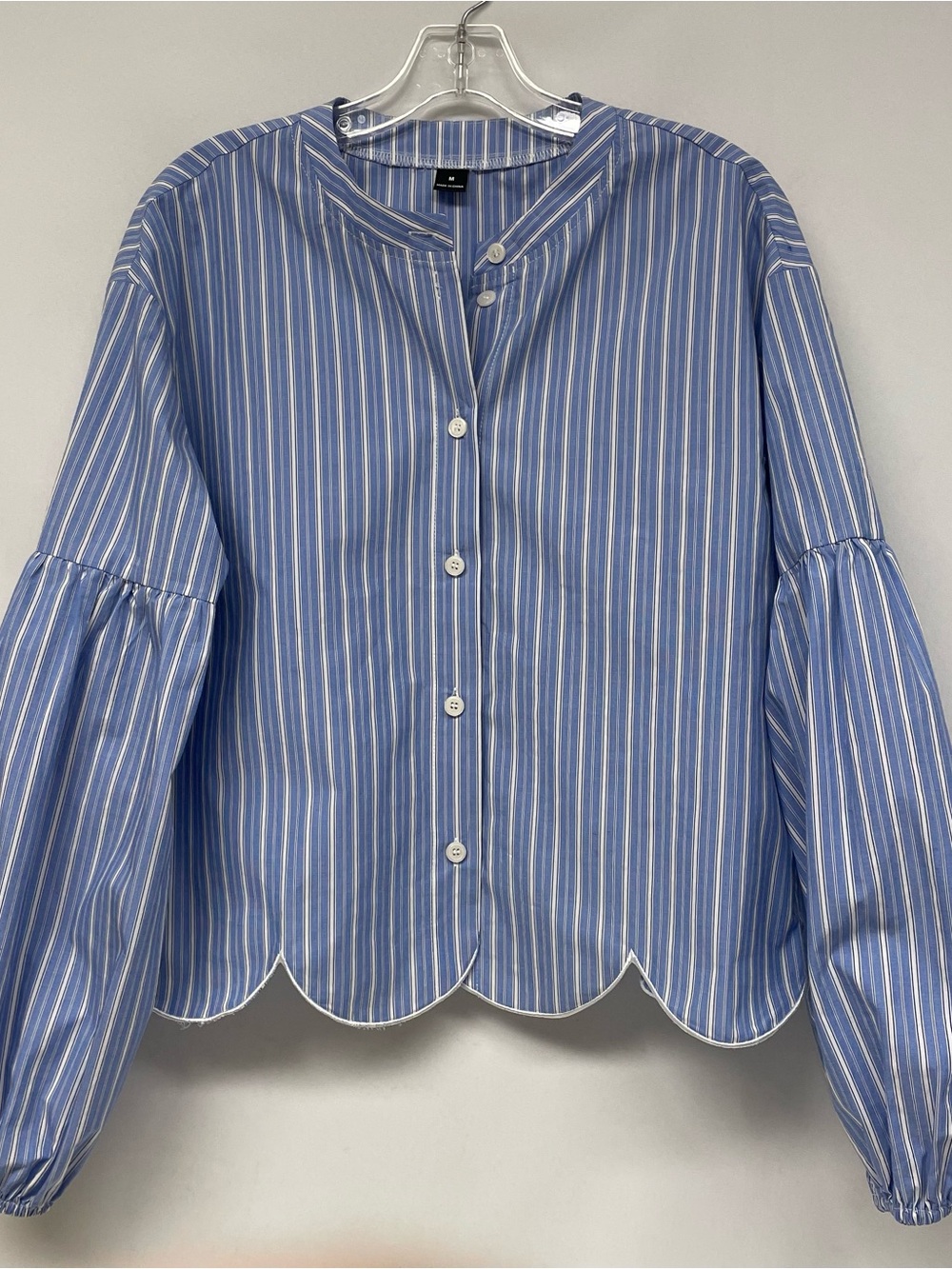 Striped Blue Scallop Hem Button-Front Top Shirt Size M